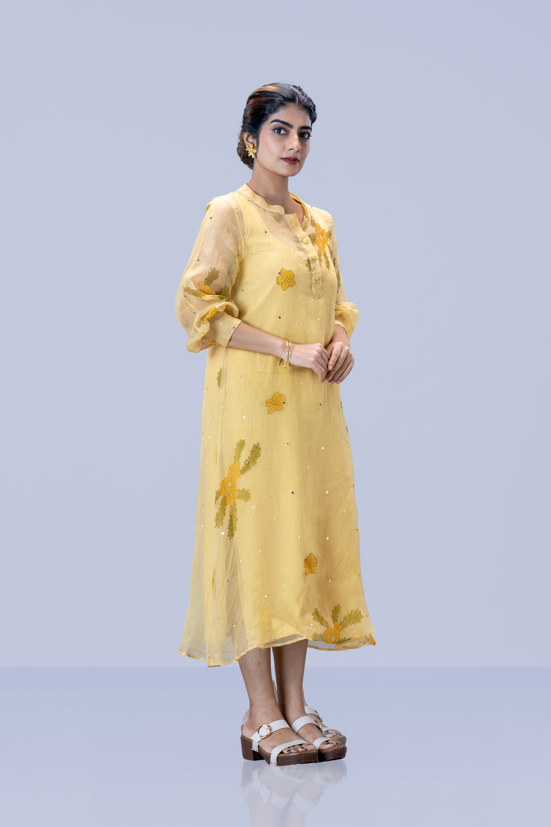 Beige Mukkutti Block Print Mulberry Silk Organza A-Line Full Sleeve Midi Dress