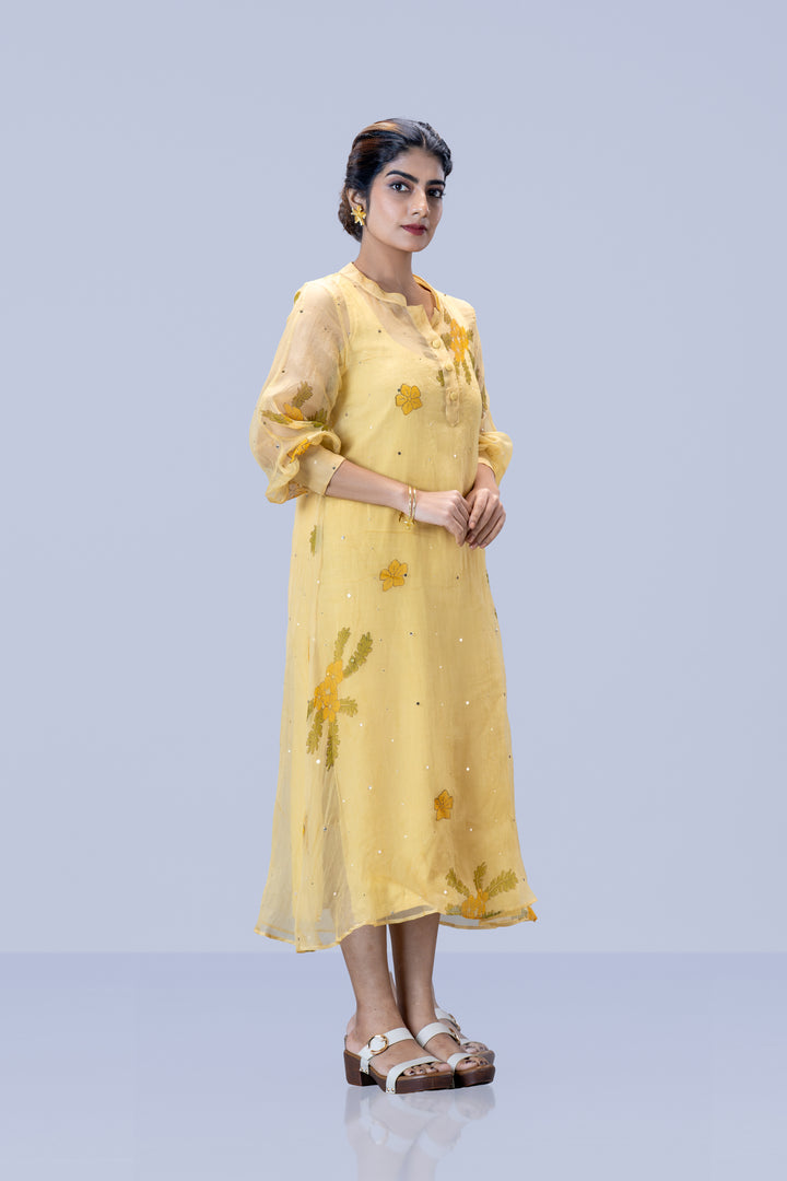 Beige Mukkutti Block Print Mulberry Silk Organza A-Line Full Sleeve Midi Dress