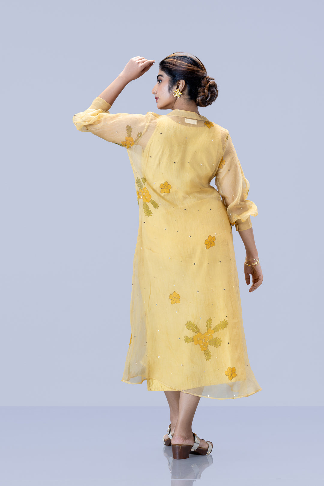 Beige Mukkutti Block Print Mulberry Silk Organza A-Line Full Sleeve Midi Dress