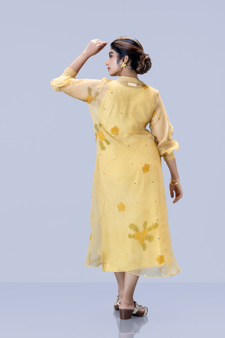 Beige Mukkutti Block Print Mulberry Silk Organza A-Line Full Sleeve Midi Dress