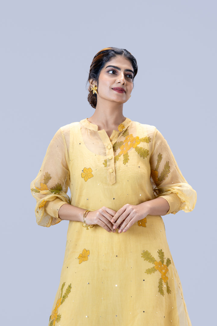 Beige Mukkutti Block Print Mulberry Silk Organza A-Line Full Sleeve Midi Dress