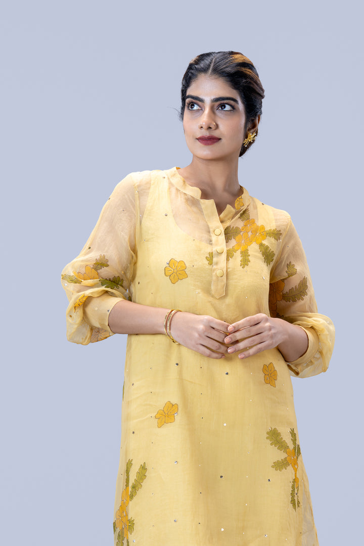 Beige Mukkutti Block Print Mulberry Silk Organza A-Line Full Sleeve Midi Dress