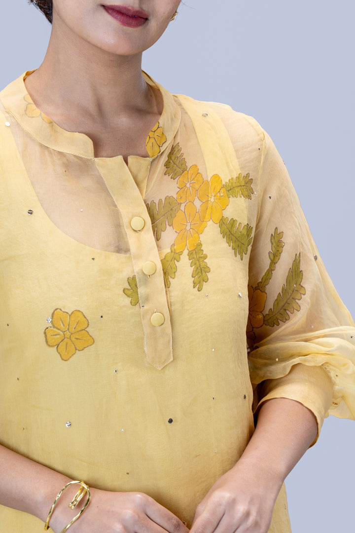 Beige Mukkutti Block Print Mulberry Silk Organza A-Line Full Sleeve Midi Dress