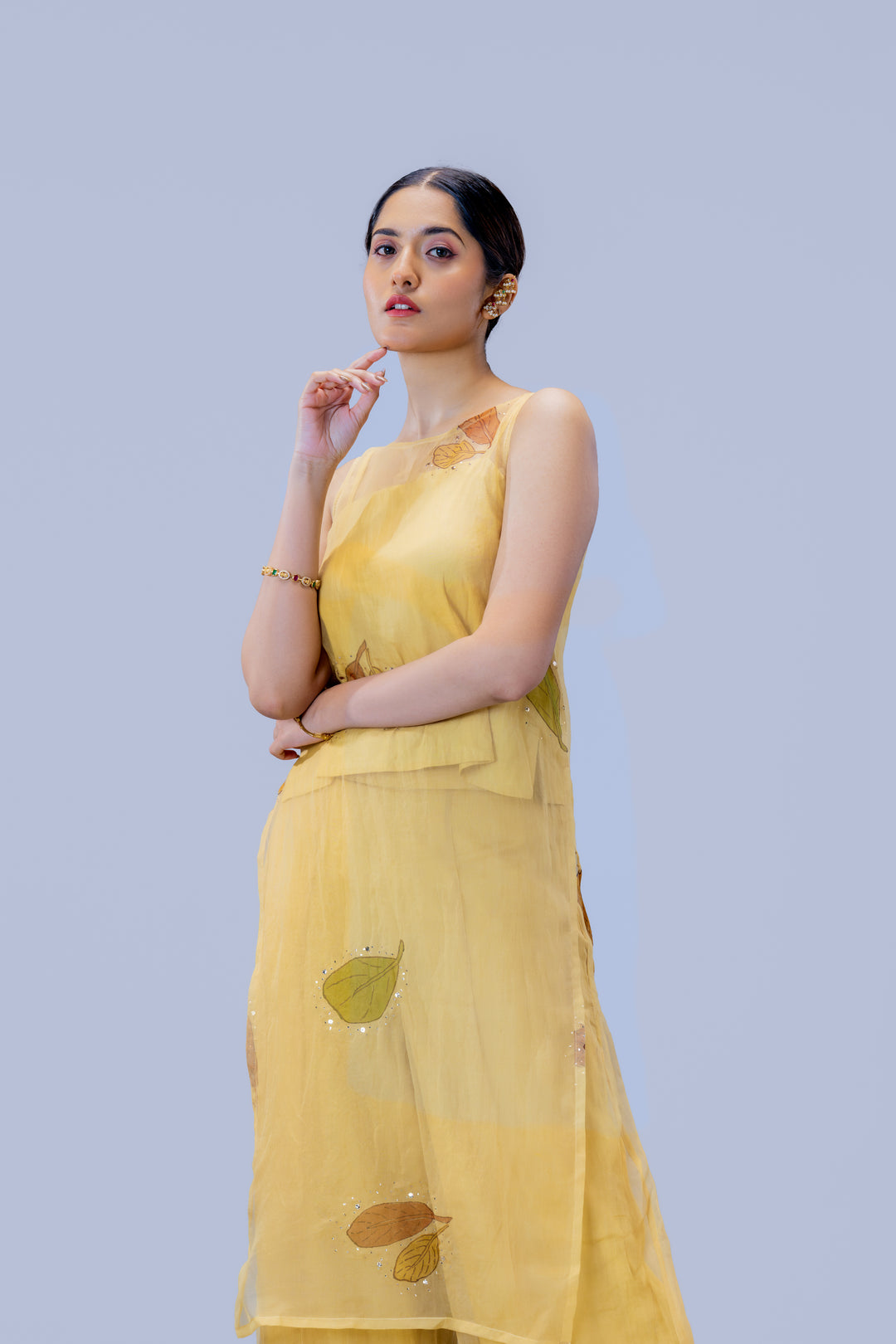 Beige Plaavila Block Print Silk Organza Sleeveless Kurti and Palazzo Pant Set