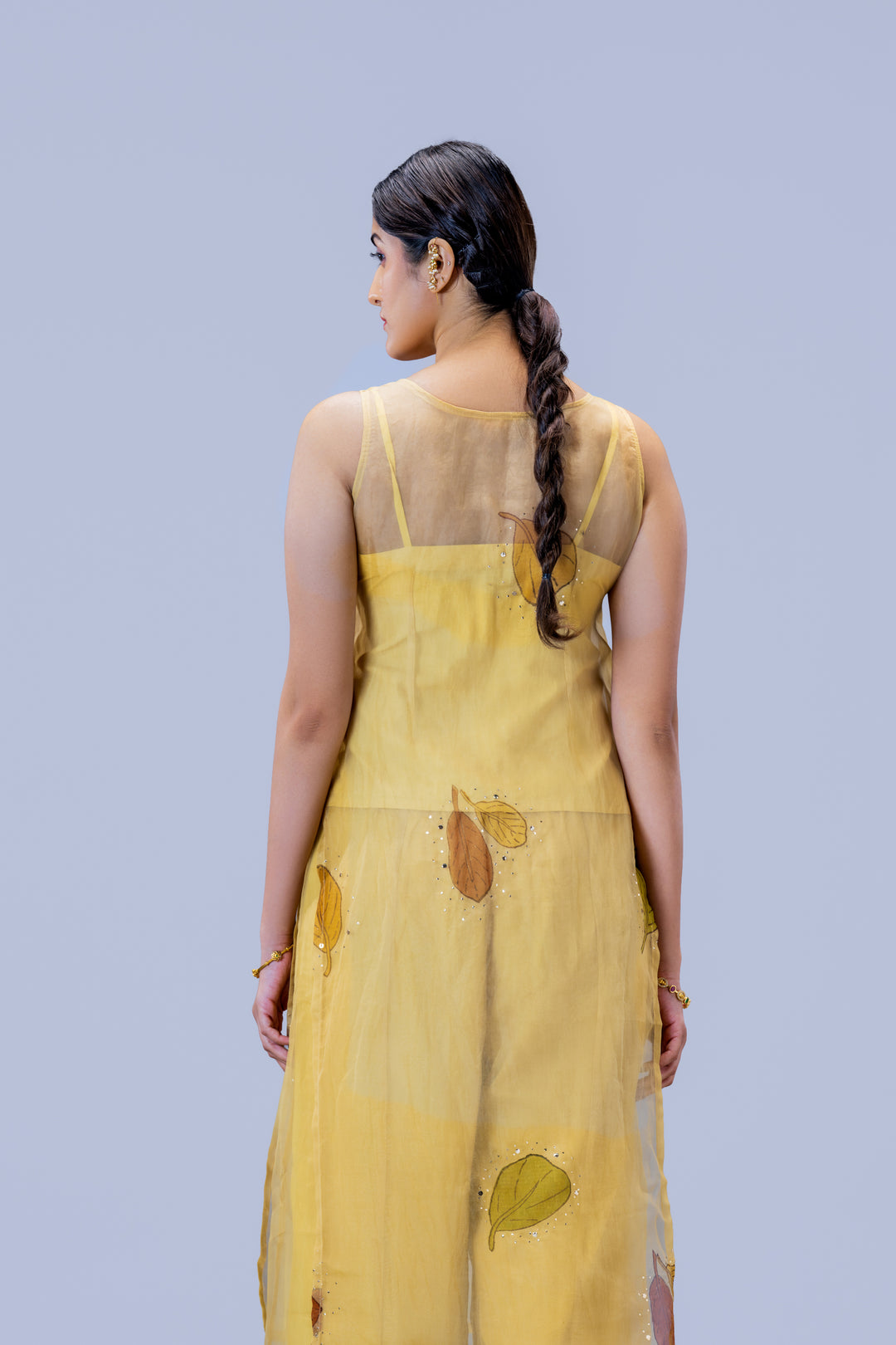 Beige Plaavila Block Print Silk Organza Sleeveless Kurti and Palazzo Pant Set