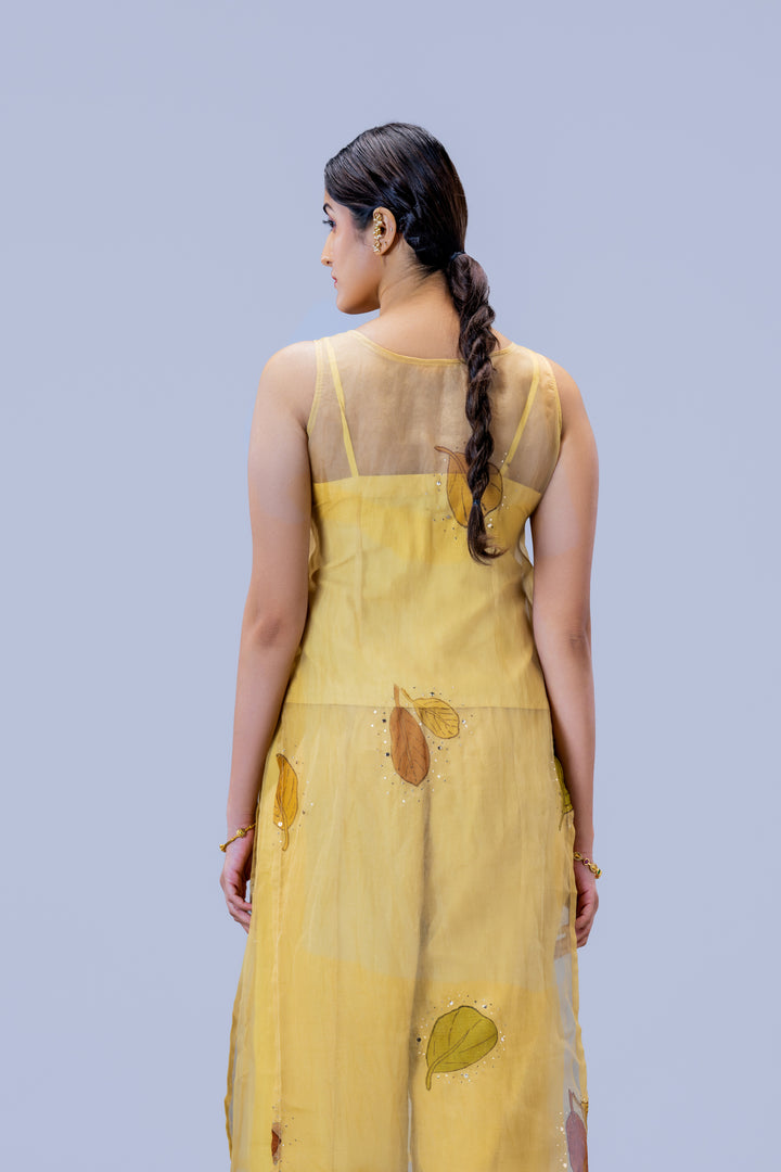 Beige Plaavila Block Print Silk Organza Sleeveless Kurti and Palazzo Pant Set