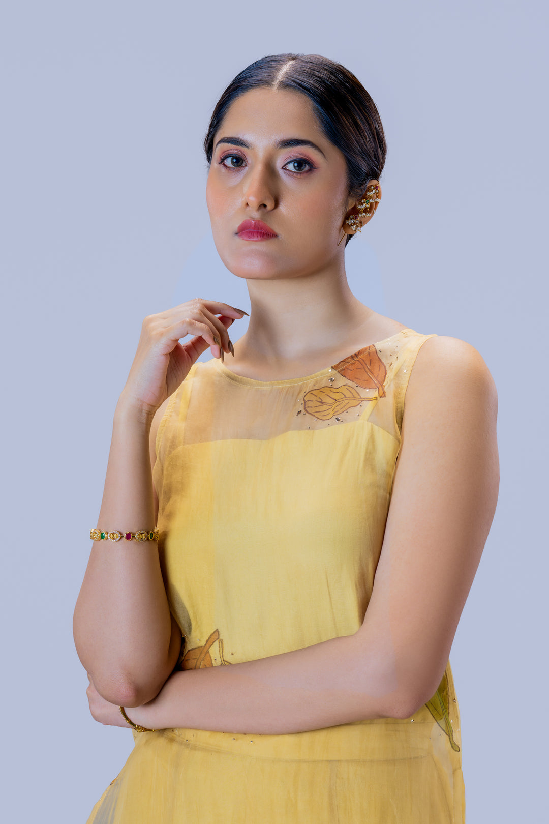 Beige Plaavila Block Print Silk Organza Sleeveless Kurti and Palazzo Pant Set