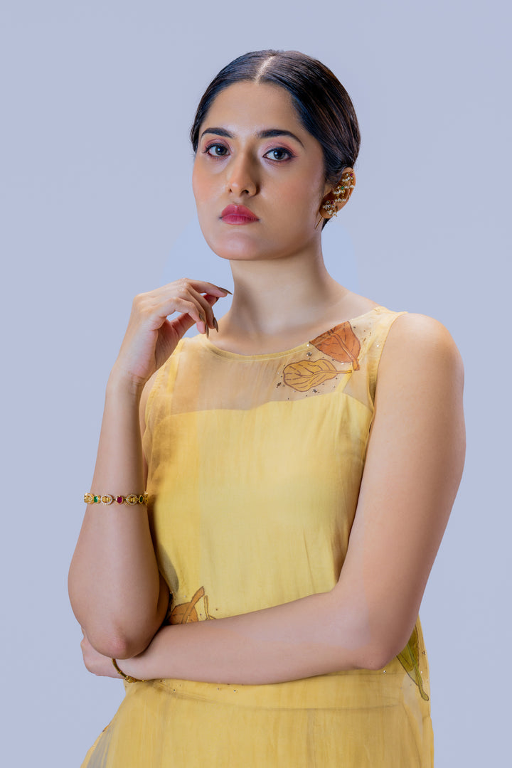 Beige Plaavila Block Print Silk Organza Sleeveless Kurti and Palazzo Pant Set