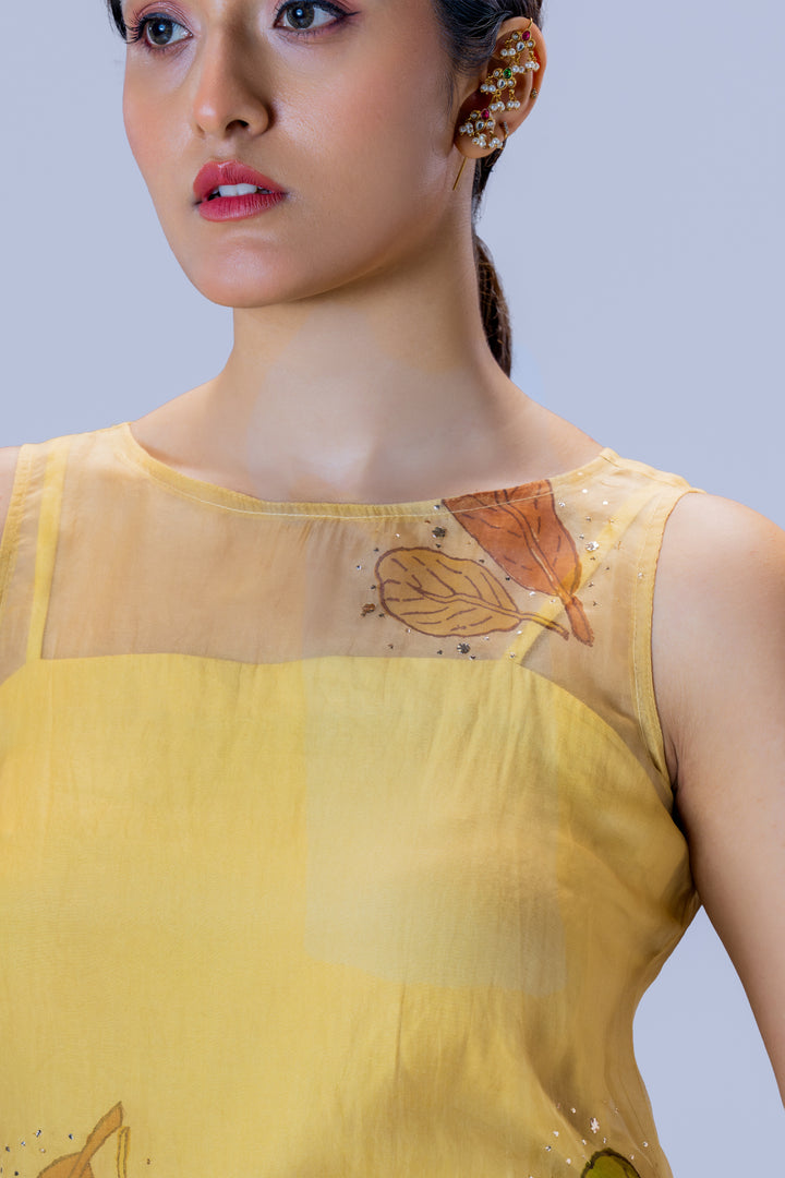 Beige Plaavila Block Print Silk Organza Sleeveless Kurti and Palazzo Pant Set