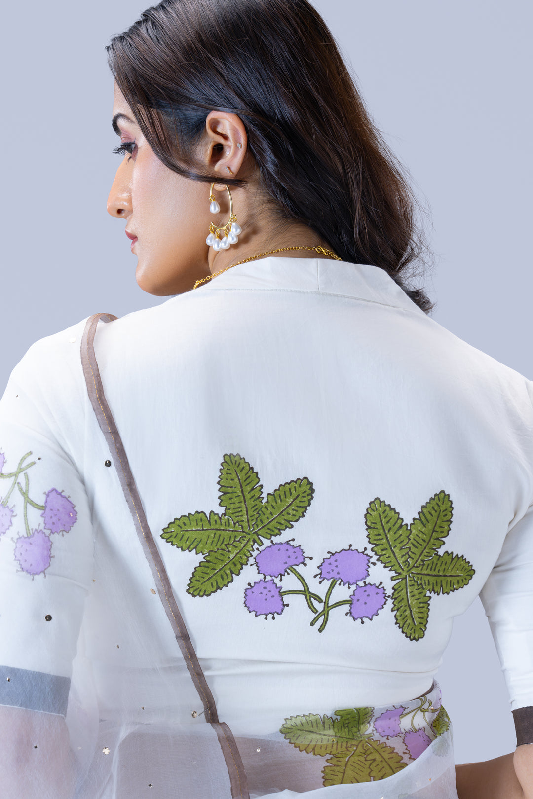 Pearl White Thottavaadi Block Print Silk Organza Saree with Blouse Piece