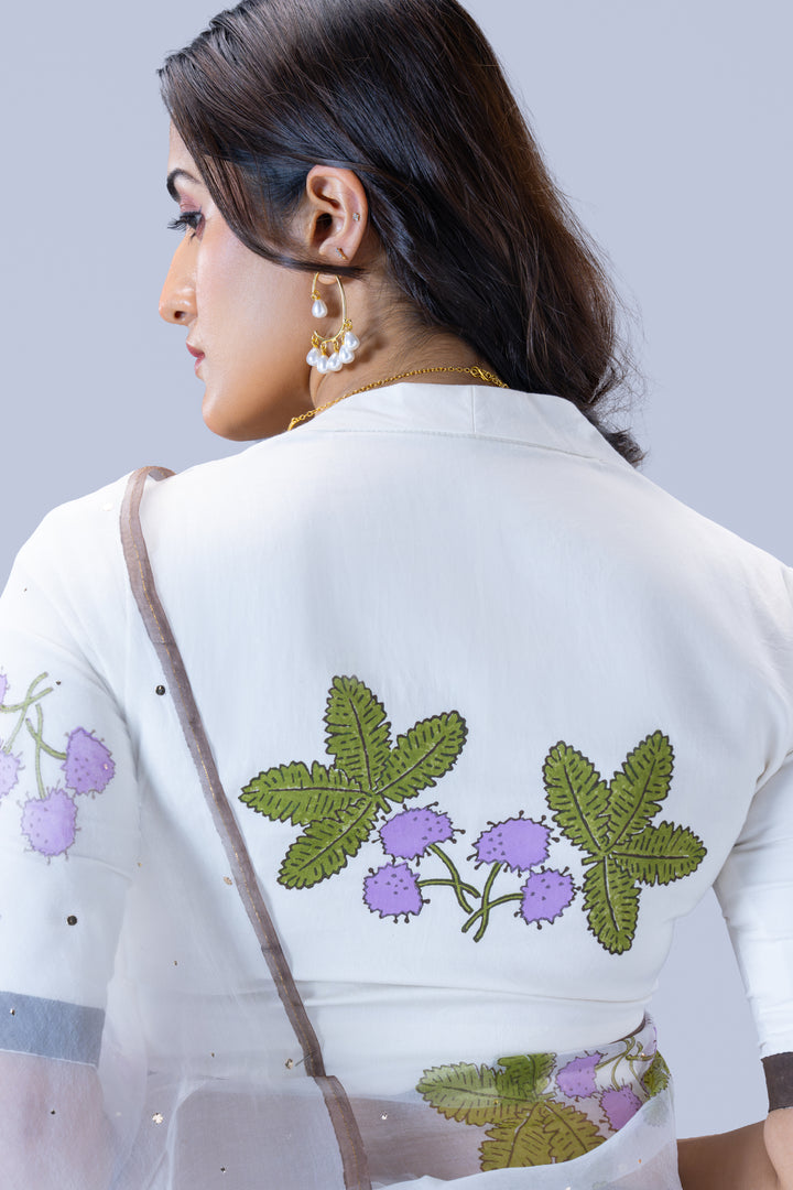 Pearl White Thottavaadi Block Print Silk Organza Saree with Blouse Piece