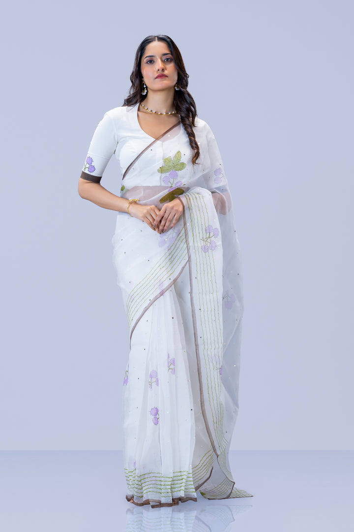 Pearl White Thottavaadi Block Print Silk Organza Saree with Blouse Piece