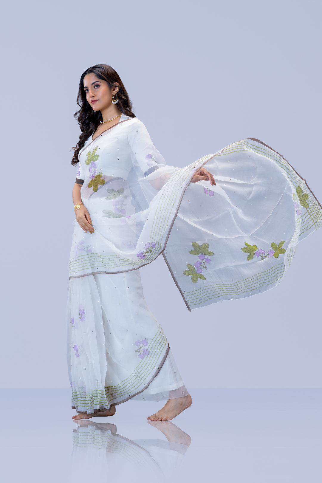 Pearl White Thottavaadi Block Print Silk Organza Saree with Blouse Piece