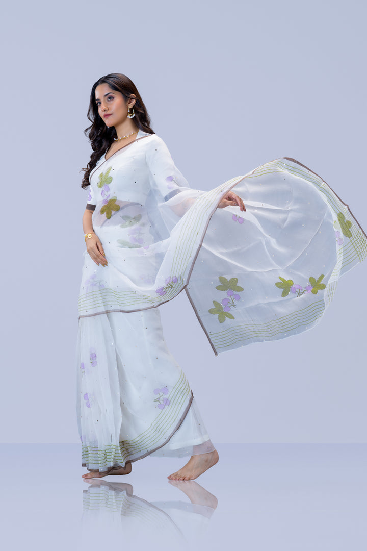 Pearl White Thottavaadi Block Print Silk Organza Saree with Blouse Piece