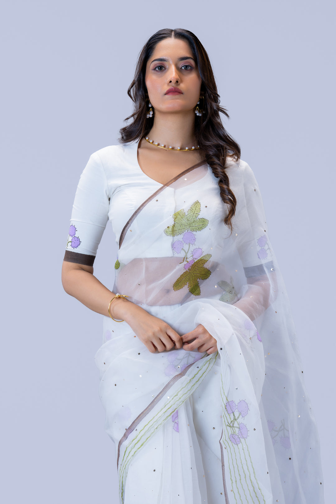 Pearl White Thottavaadi Block Print Silk Organza Saree with Blouse Piece