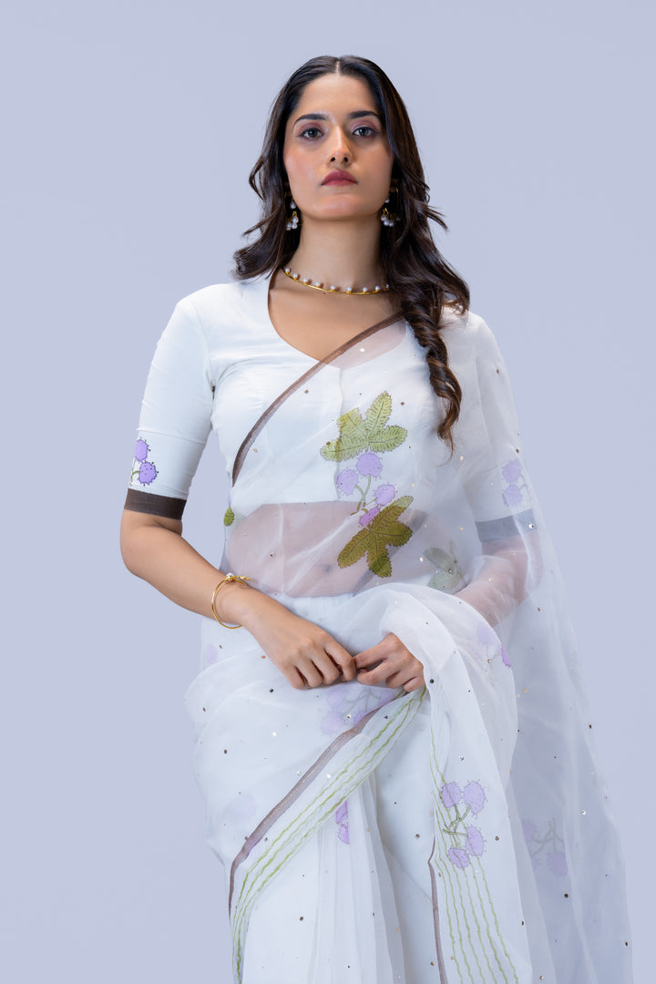 Pearl White Thottavaadi Block Print Silk Organza Saree with Blouse Piece