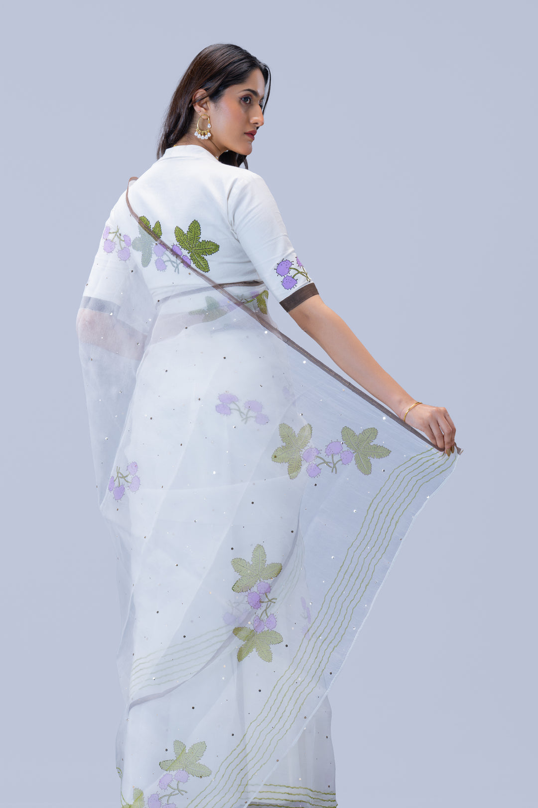 Pearl White Thottavaadi Block Print Silk Organza Saree with Blouse Piece
