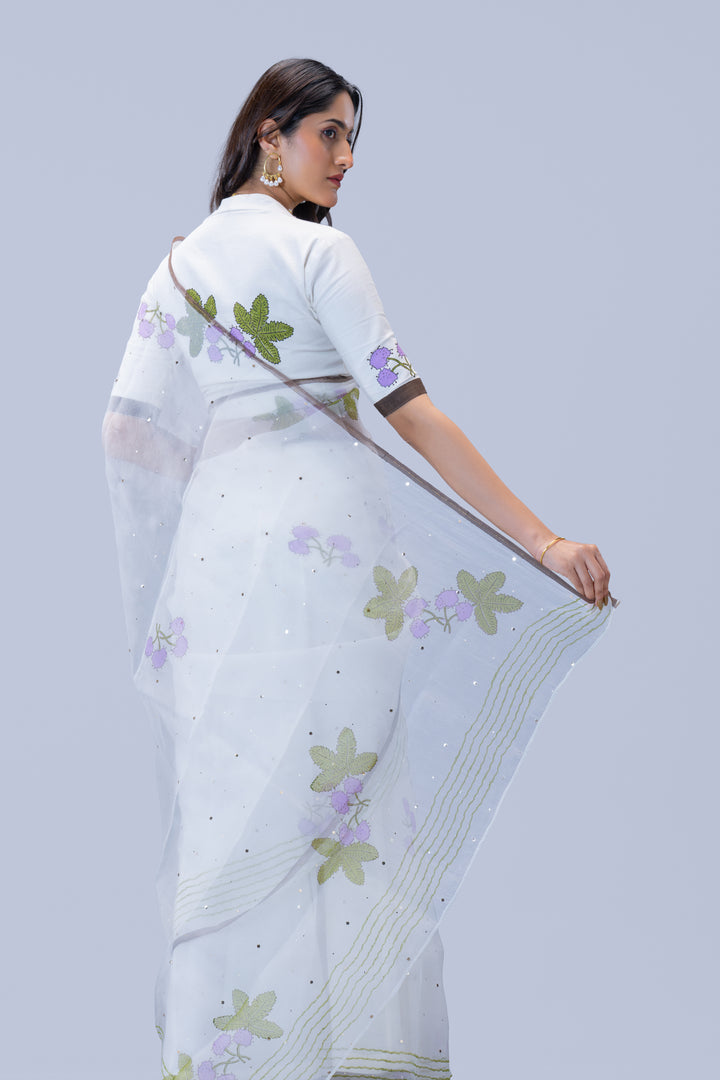 Pearl White Thottavaadi Block Print Silk Organza Saree with Blouse Piece